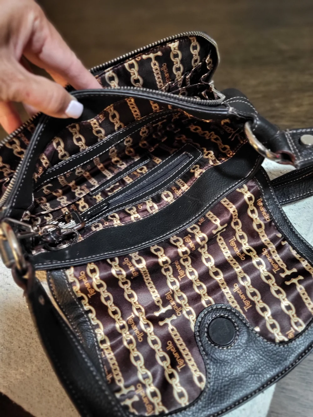 Tignanello Black Leather Crossbody with Gold Hardware